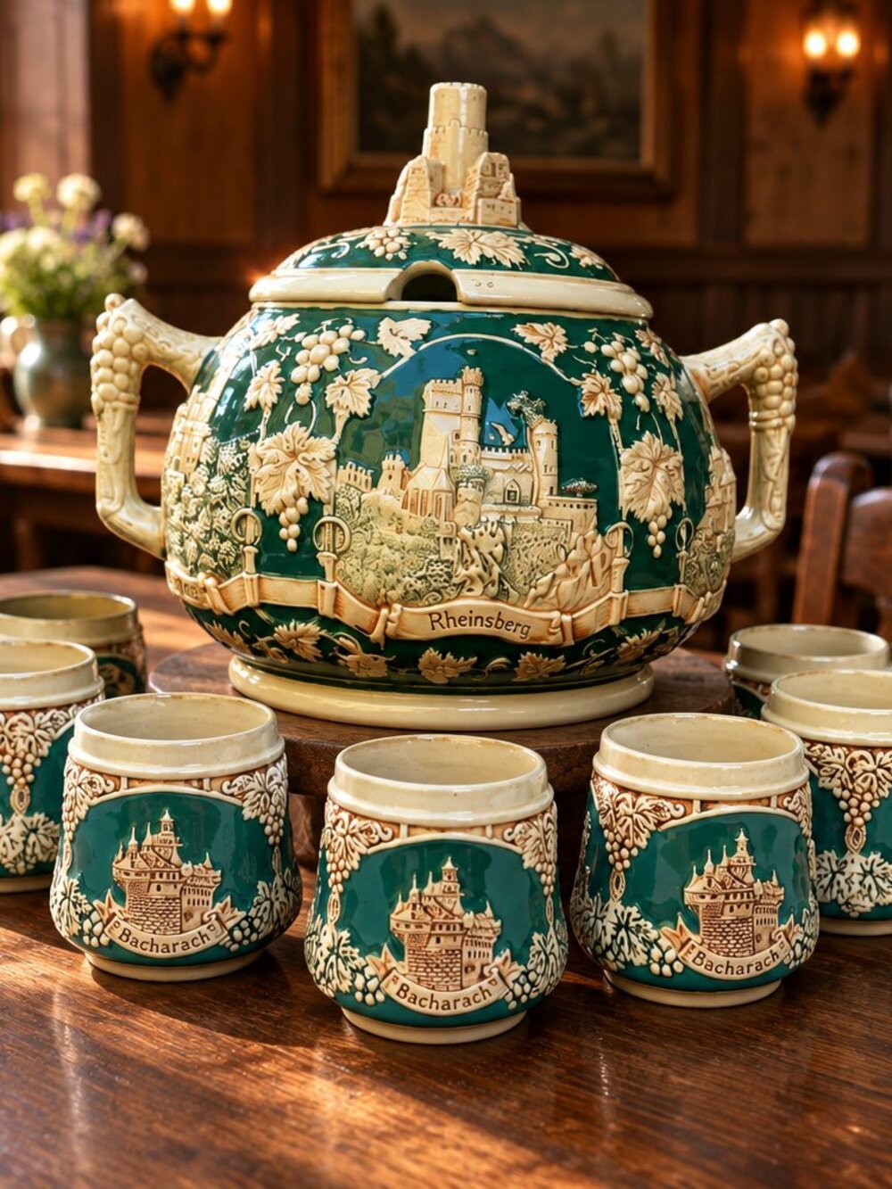 Vintage German Stoneware Marzi & Remy 5L Castle Punch Bowl Set 8 Cups- 10Pc Set